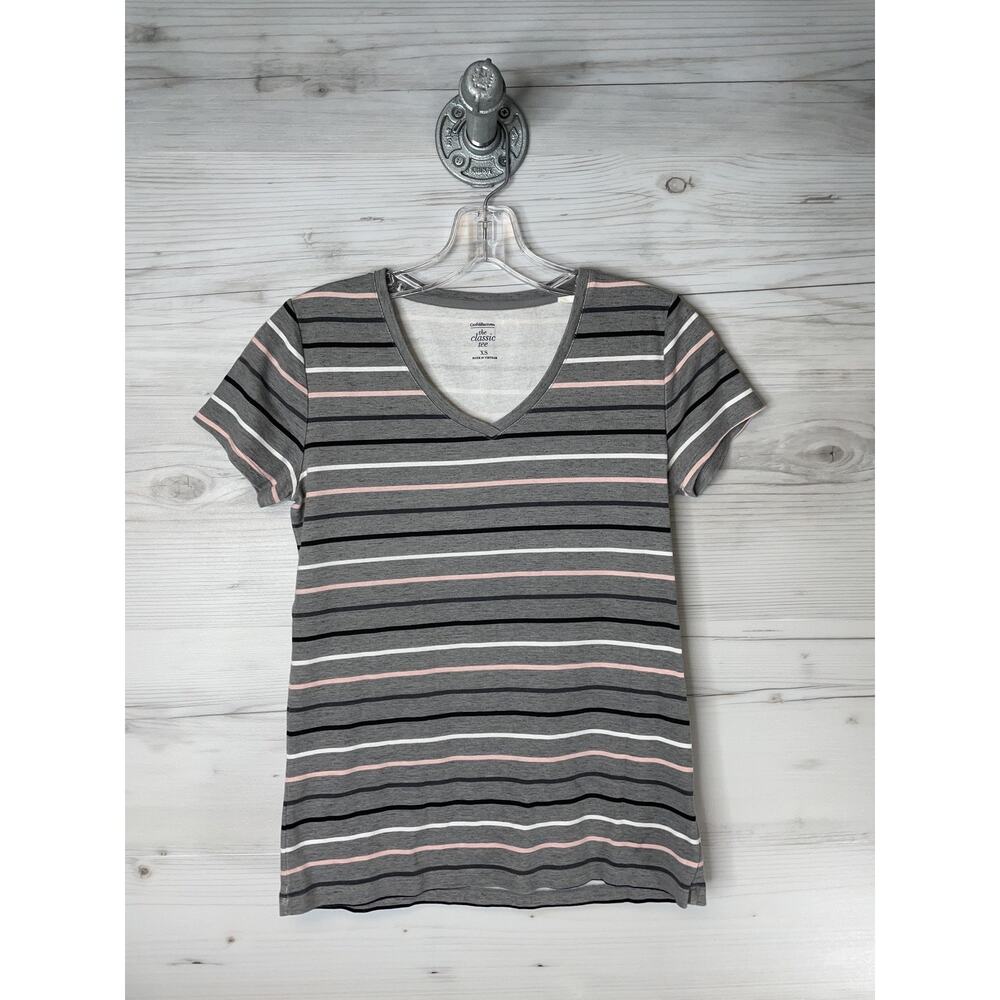 Croft & Barrow Shirt Womens XS Gray Pink Striped V-Neck Classic Tee Cotton Soft